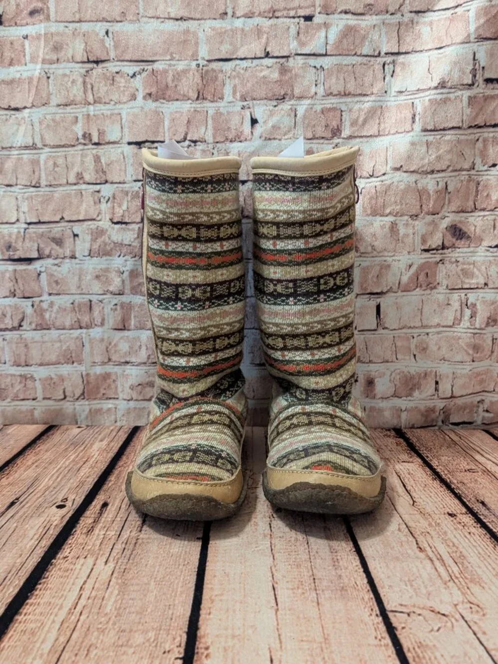 Sorel Norquay Patterned Tan Knit Mid-Calf Sweater Boots with Side Zip Size 8